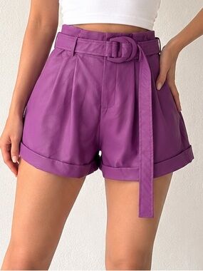 Hausen Women's Purple Faux Leather Paperbag High Rise Belted Shorts Size S